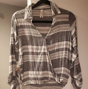 Gray & white striped 3/4 sleeve with collar shirt